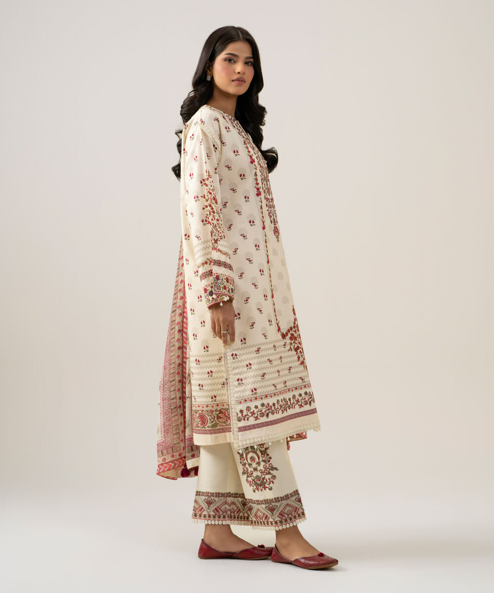Women's Unstitched Bemberg Tissue Printed Ivory 3 Piece Suit
