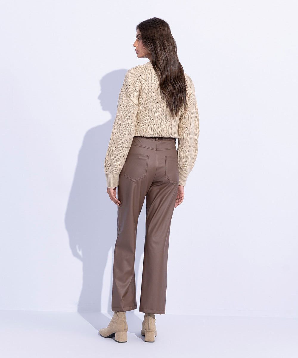 Woman - Brown Straight Fit Faux Leather Trousers