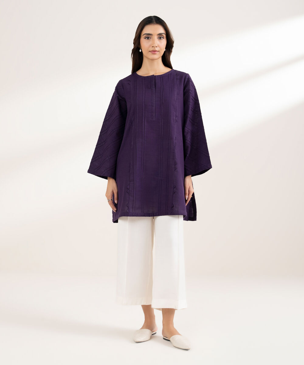 Women's RTW Khaddar Solid Straight Purple Shirt