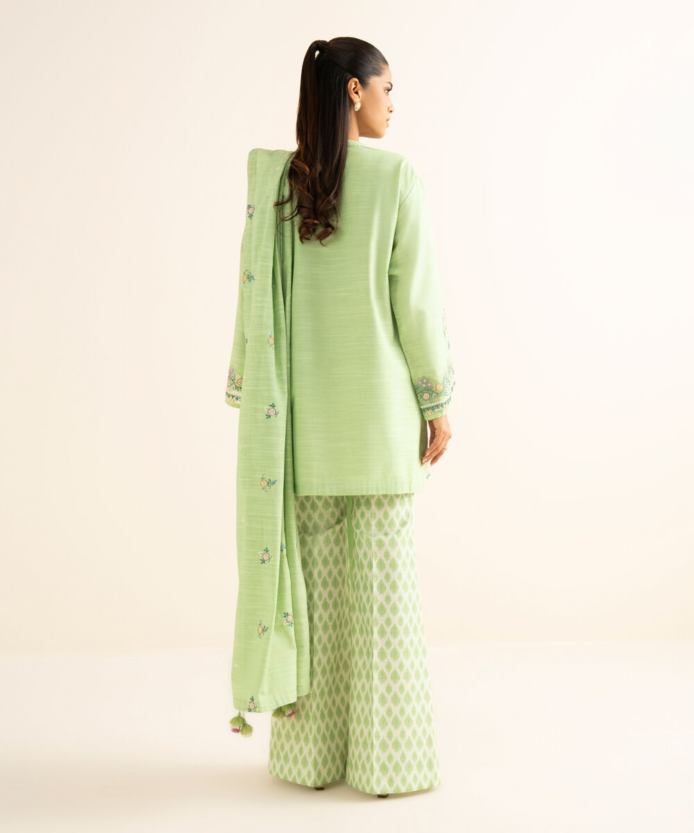 Women's Unstitched Khaddar Embroidered Green 3 Piece Suit