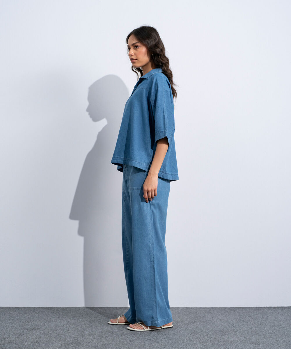 Women's Western Mid Blue Wash Denim Top With Kimono Sleeve