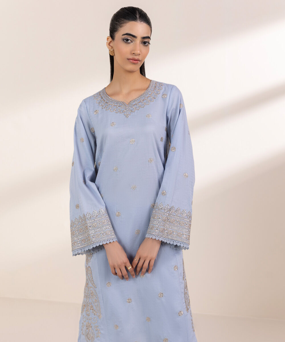 Women's RTW Dobby Blue Embroidered A-Line Shirt
