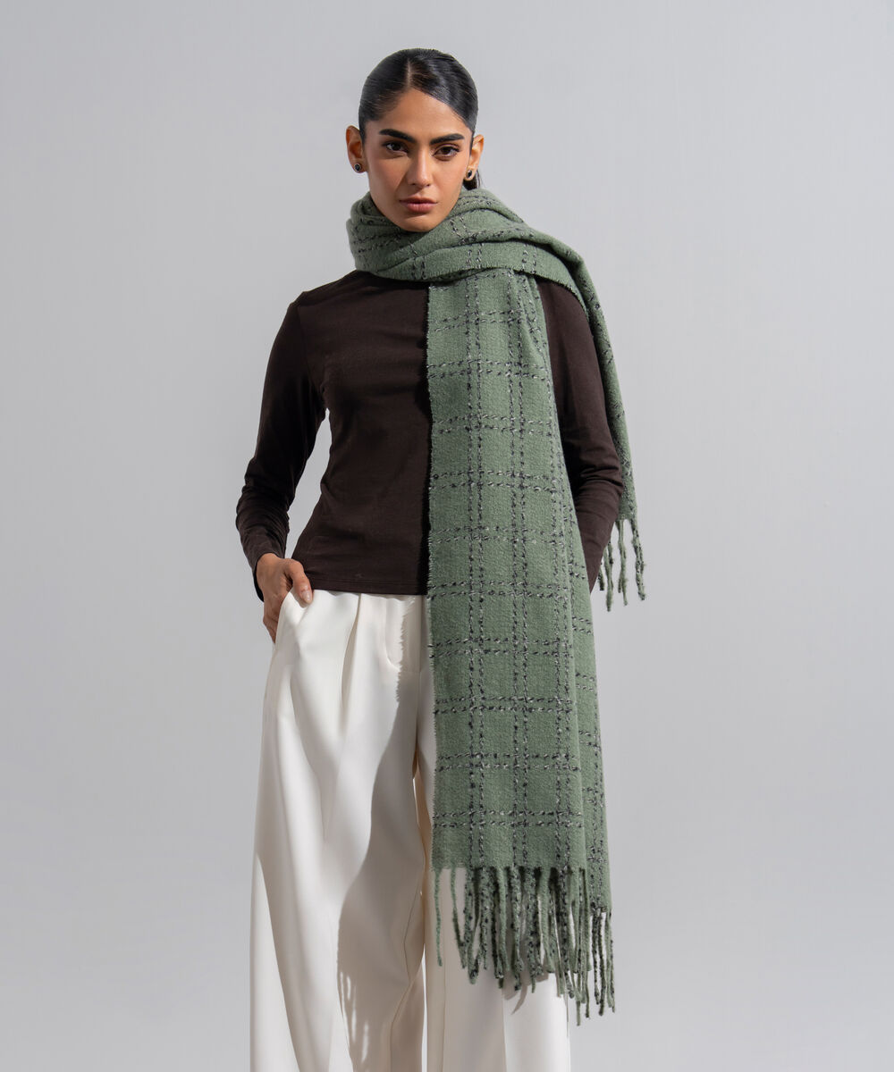 Women's Western Wear Green Polyester Textured Woolen Scarf