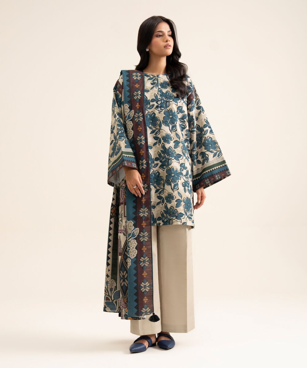 Women's Unstitched Light Khaddar Printed Blue & Off White 3 Piece Suit