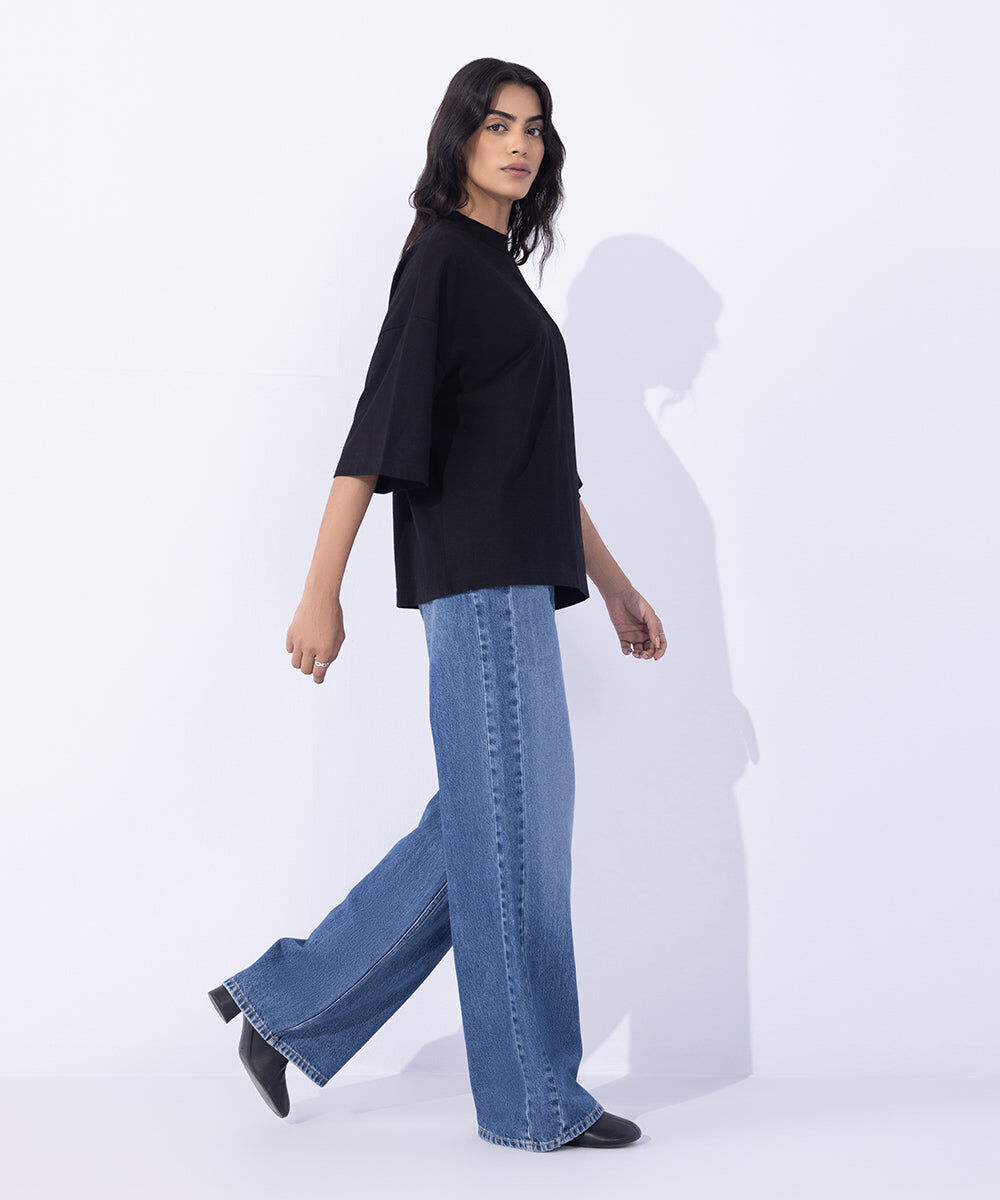 Woman - Black T-Shirt with Raised Neck