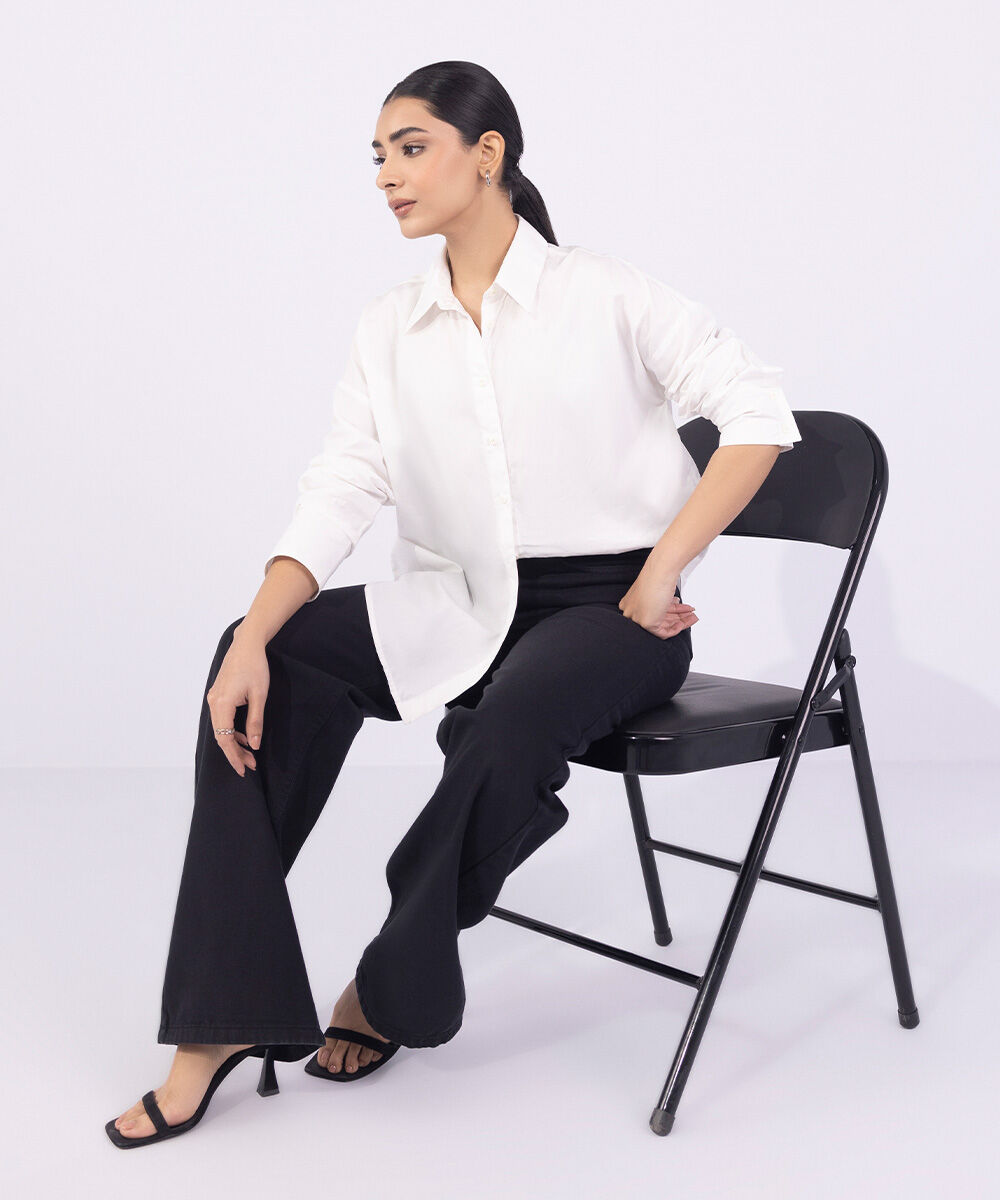 Women's Western Wear White Regular-Fit Button Through Shirt