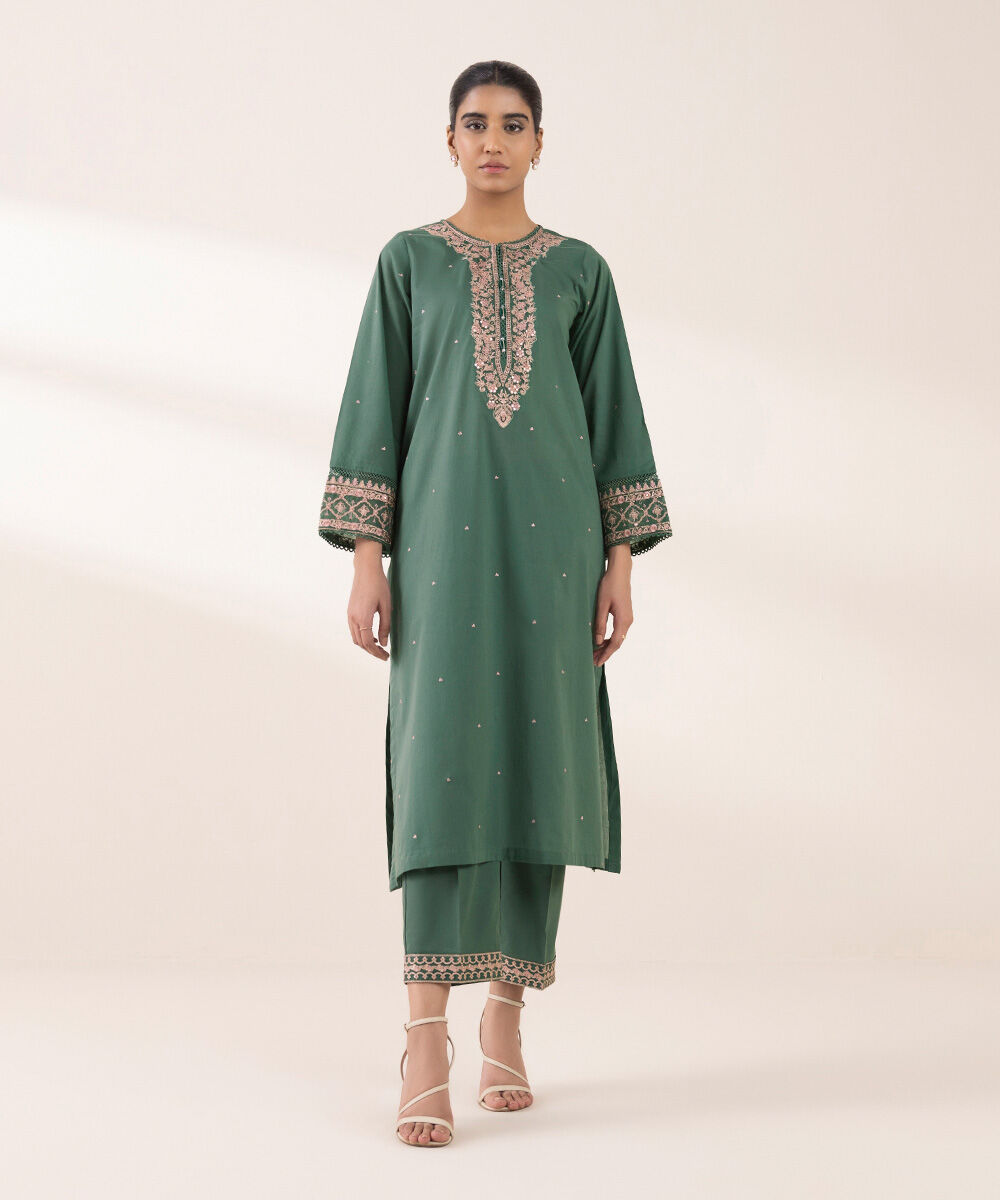 Women's RTW Lawn Green Embroidered A-Line Shirt