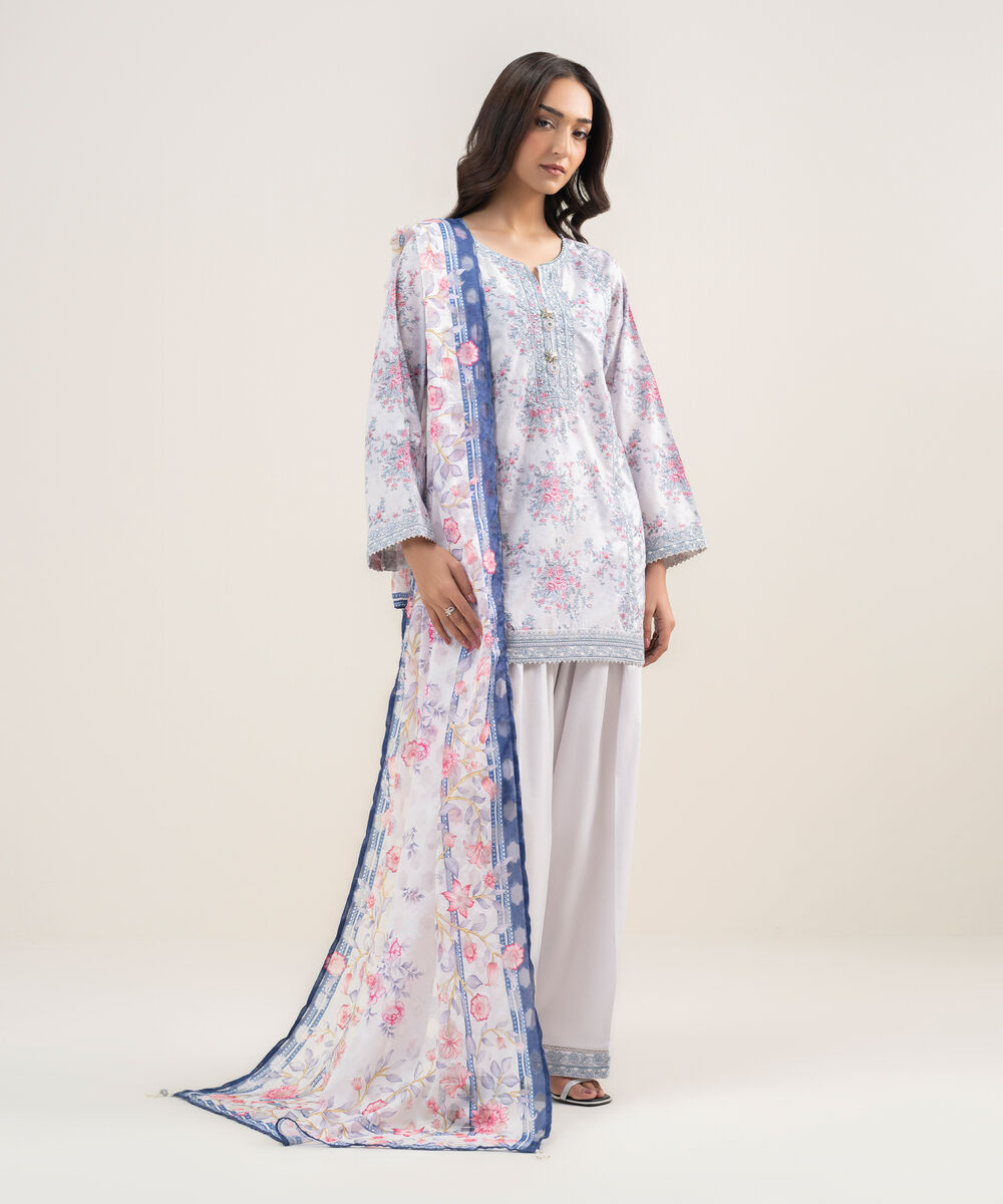 Women's RTW Zari Lawn Embroidered Grey 3 Piece Suit