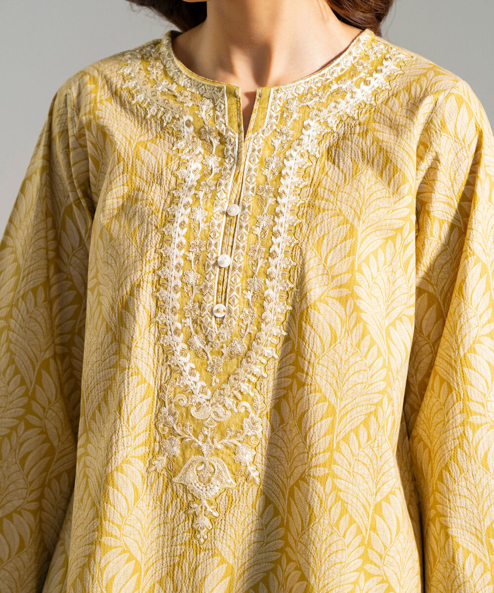 Women's RTW Seersucker Embroidered Yellow 2 Piece Suit