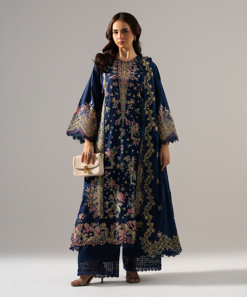 Women's RTW Self Jacquard Solid Embroidered Dark Blue 3 Piece Suit