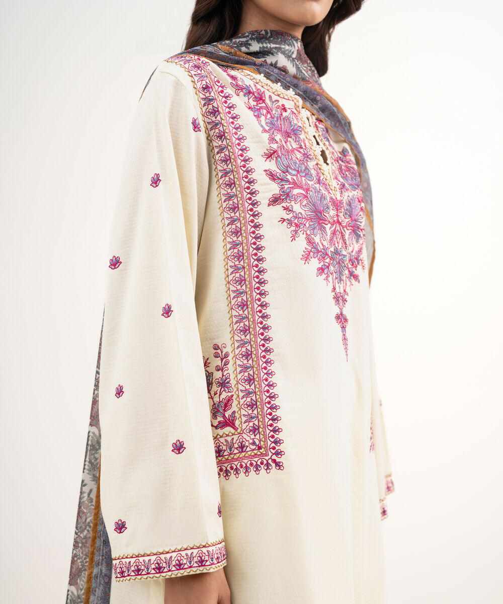 Women's RTW Dobby Embroidered Cream White 3 Piece Suit