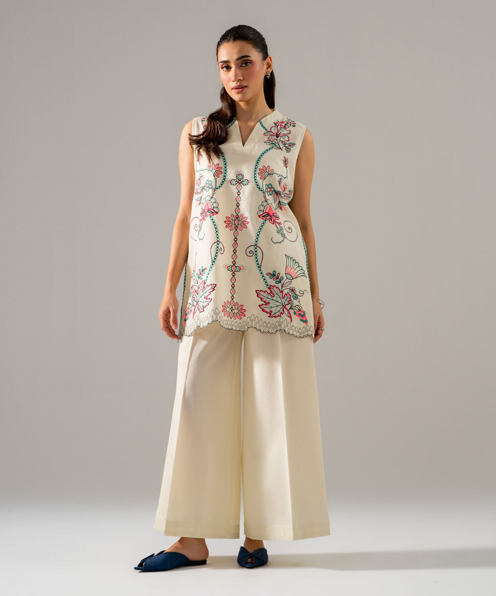 Women's RTW Dobby Solid Embroidered Off White 2 Piece Suit