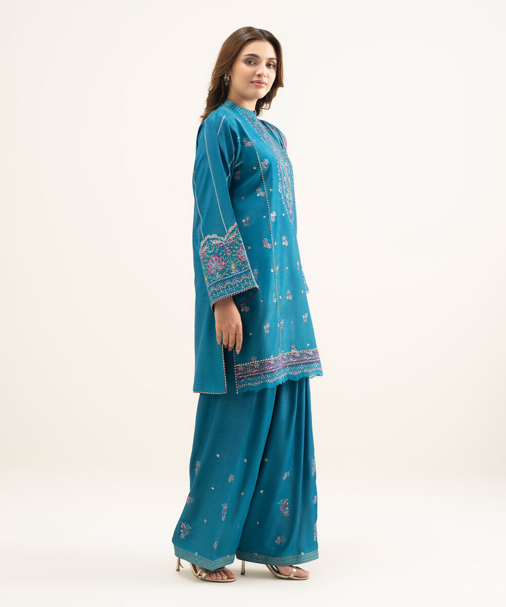 Women's Unstitched Blended Raw Silk Embroidered Blue 3 Piece Suit