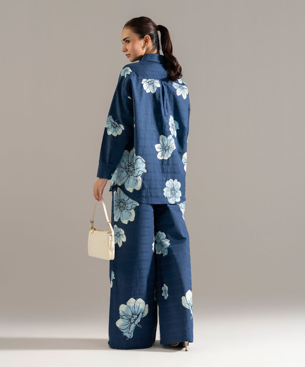 Women's RTW Seersucker Printed Blue 2 Piece Suit