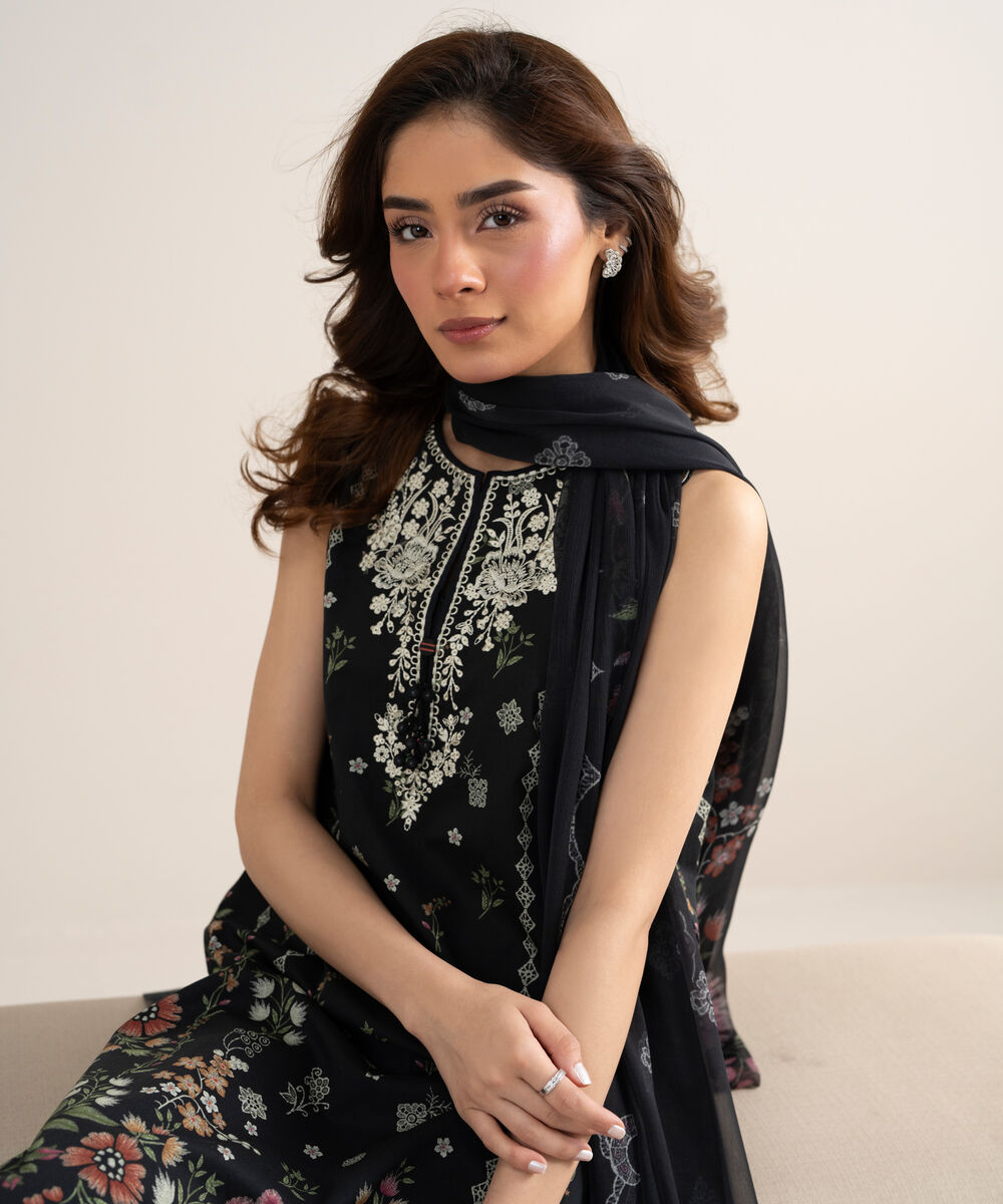 Women's Unstitched Lawn Embroidered Black  3 Piece Suit