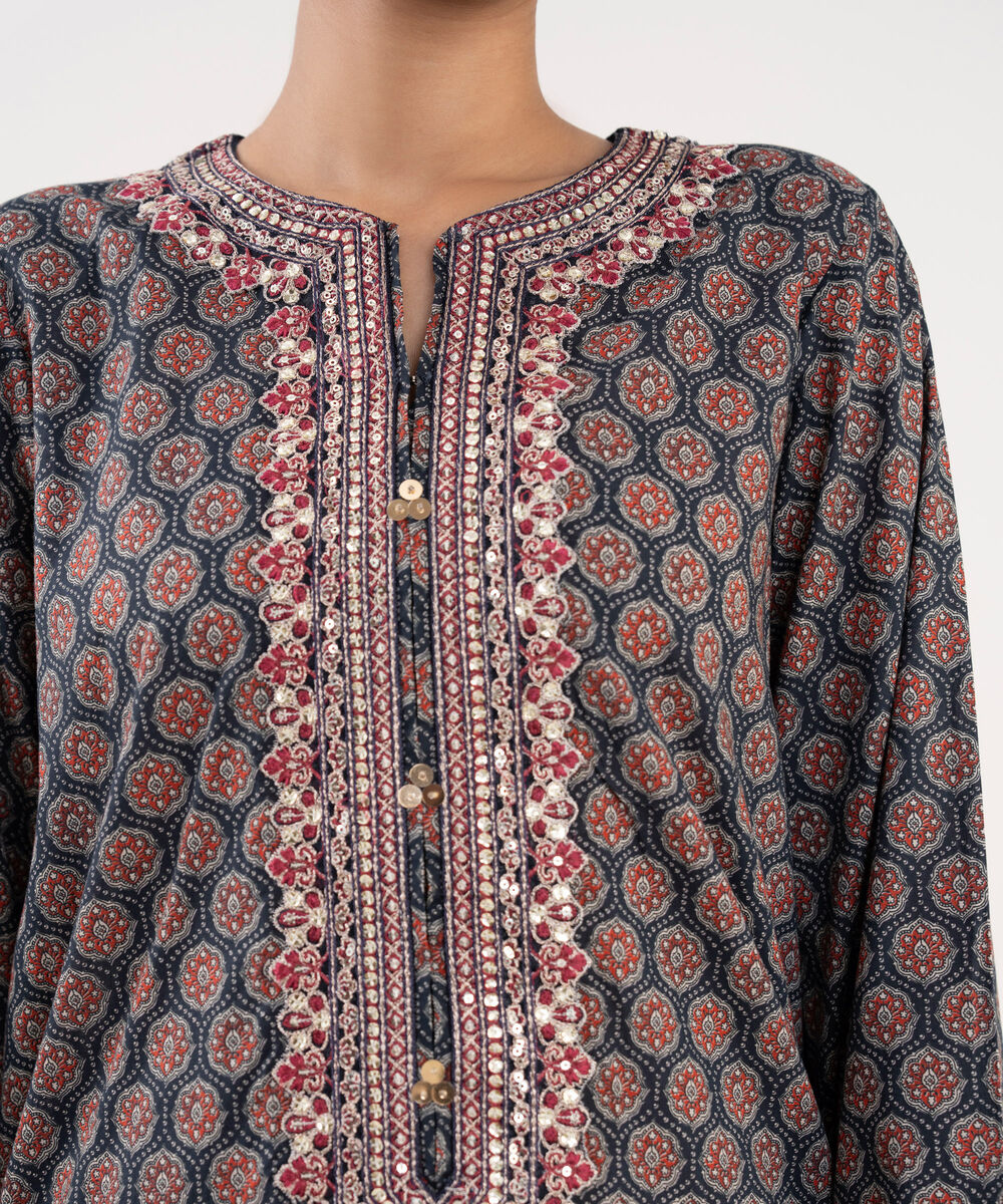 Women's RTW Textured Lawn Blue Embroidered A-Line Shirt