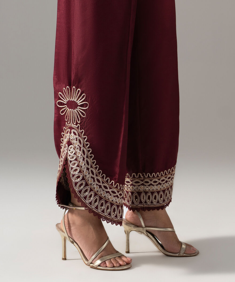 Women's RTW Cotton Net Solid Embroidered Maroon 2 Piece Suit
