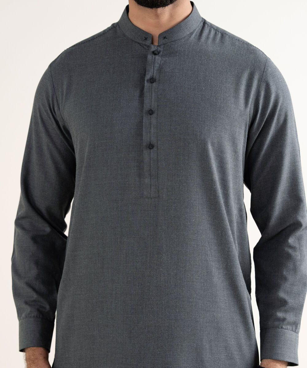 Men's Textured Wash & Wear Plain Charcoal Kurta Shalwar