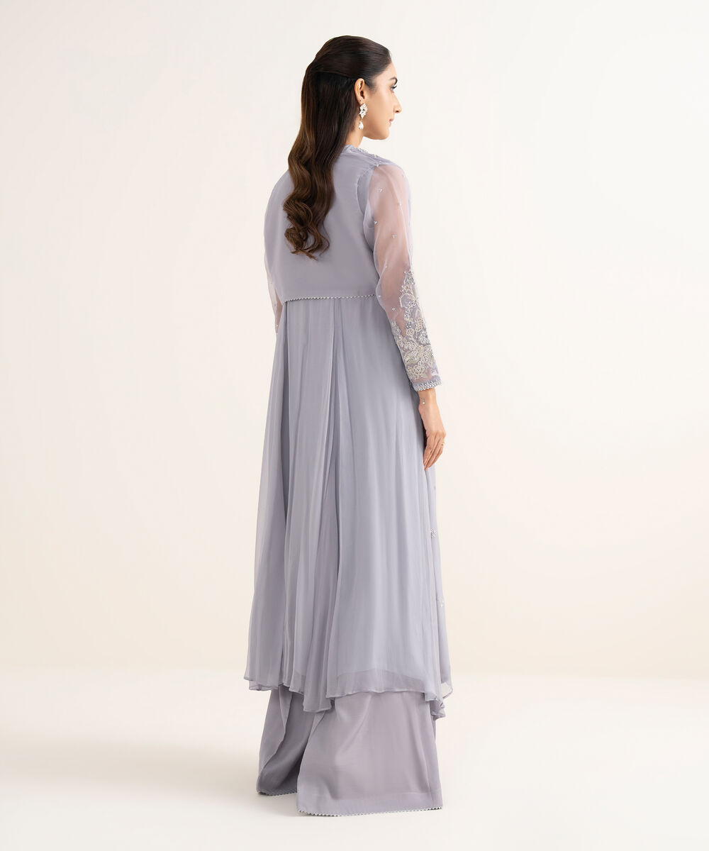 Women's RTW Bemberg Crinkle Chiffon Embroidered Blue 2 Piece Suit