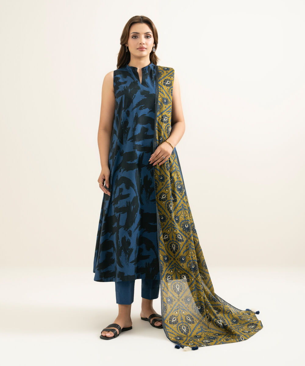 Women's Unstitched Lawn Printed Blue 3 Piece Suit