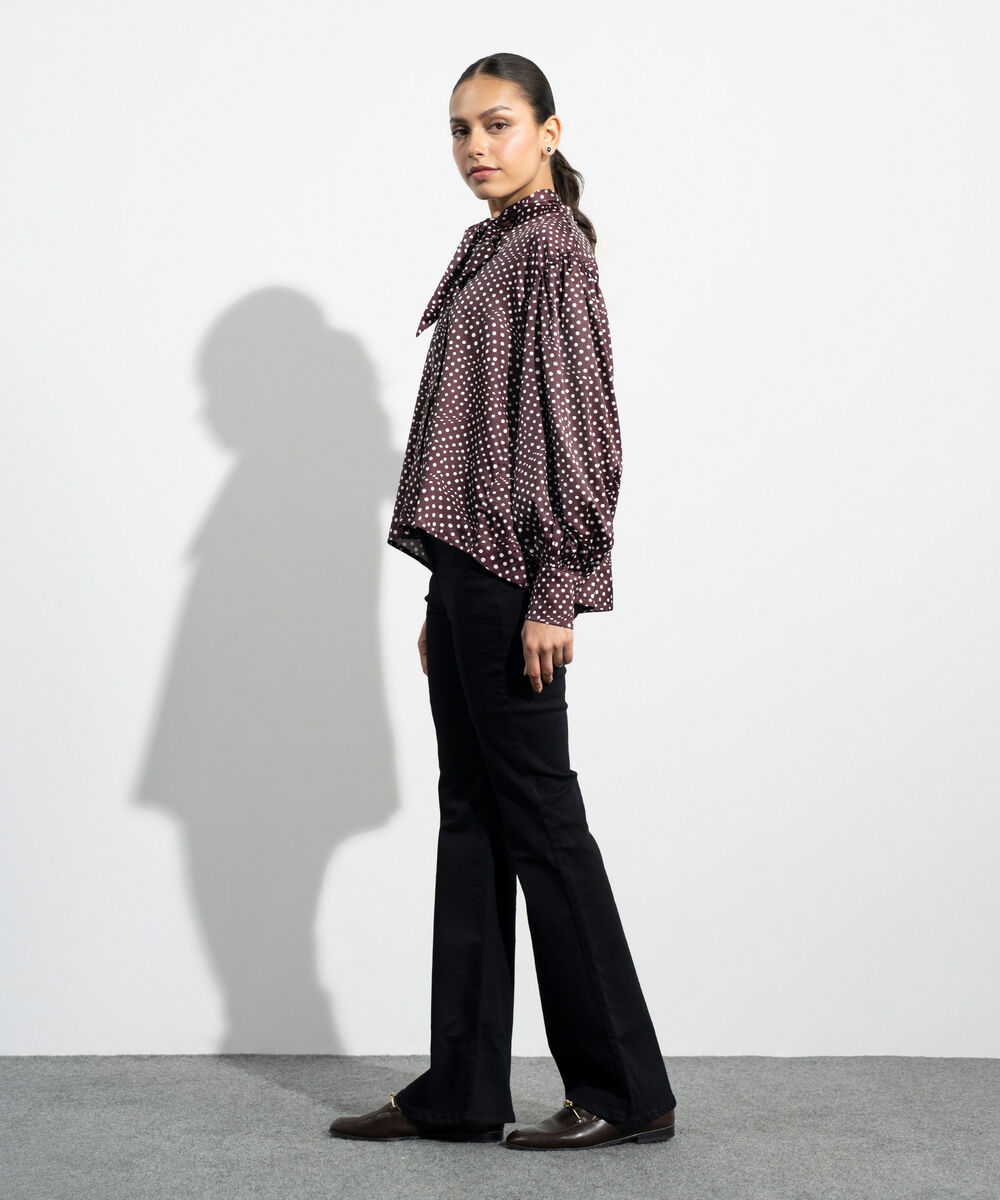 Women's Western Maroon Polka Dot Satin Blouse