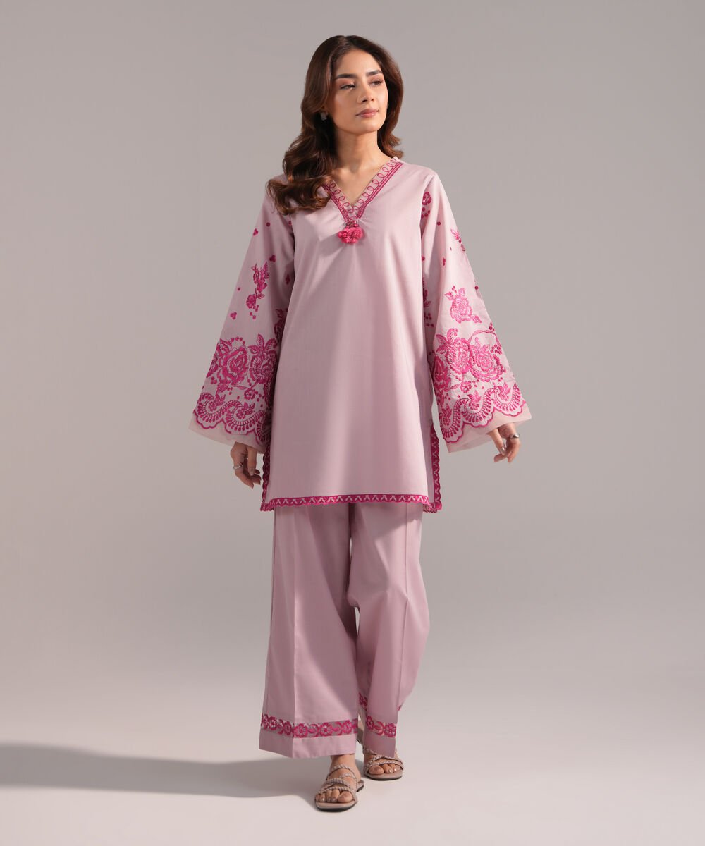 Women's RTW Crosshatch Embroidered Light Purple Straight Shirt