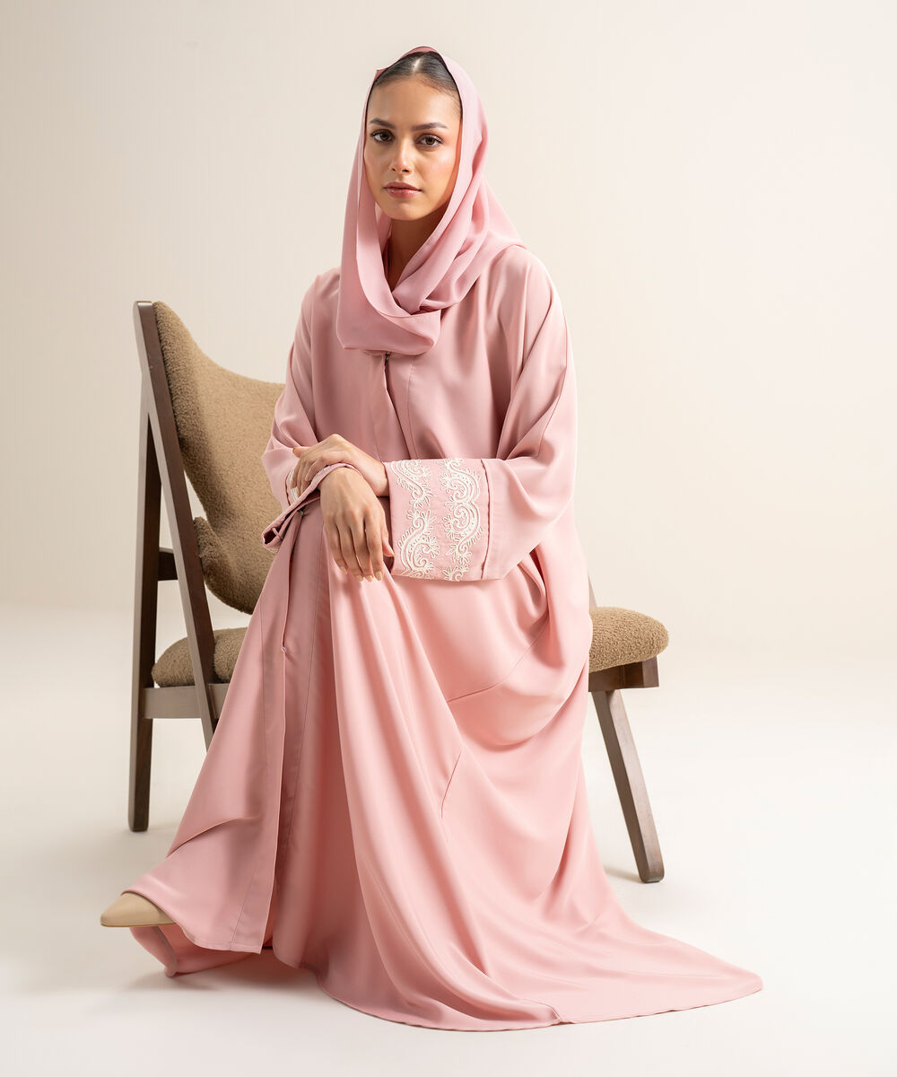 Women's Pink Embroidered Kimono Abbaya Set