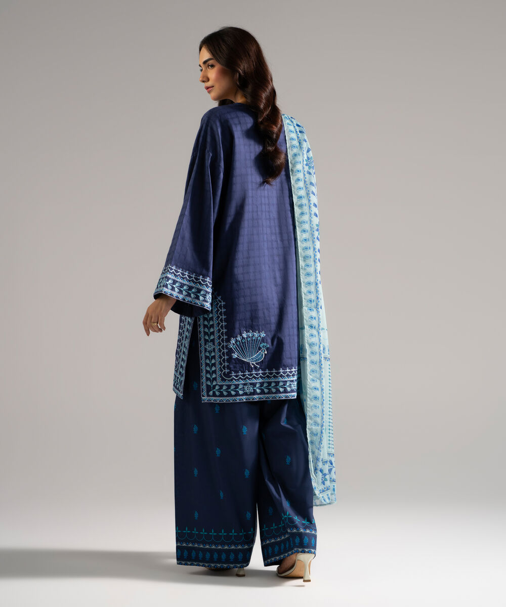 Women's RTW Dobby Embroidered Blue 3 Piece Suit