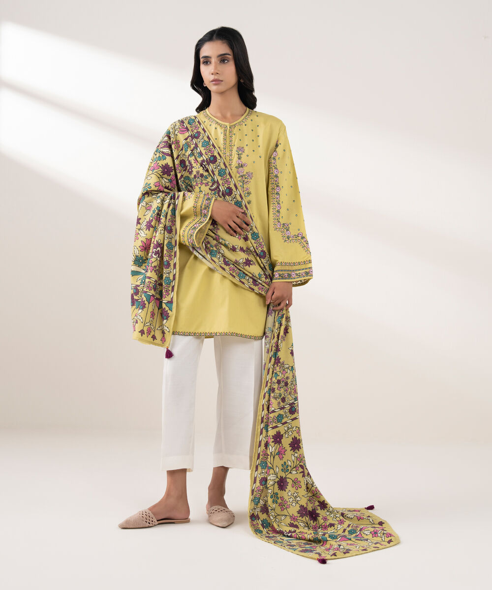 Women's RTW Cotton Embroidered Yellow 2 Piece Suit