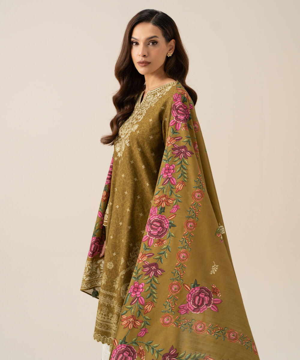 Women's Unstitched Light Khaddar Embroidered Mustard Olive 3 Piece Suit