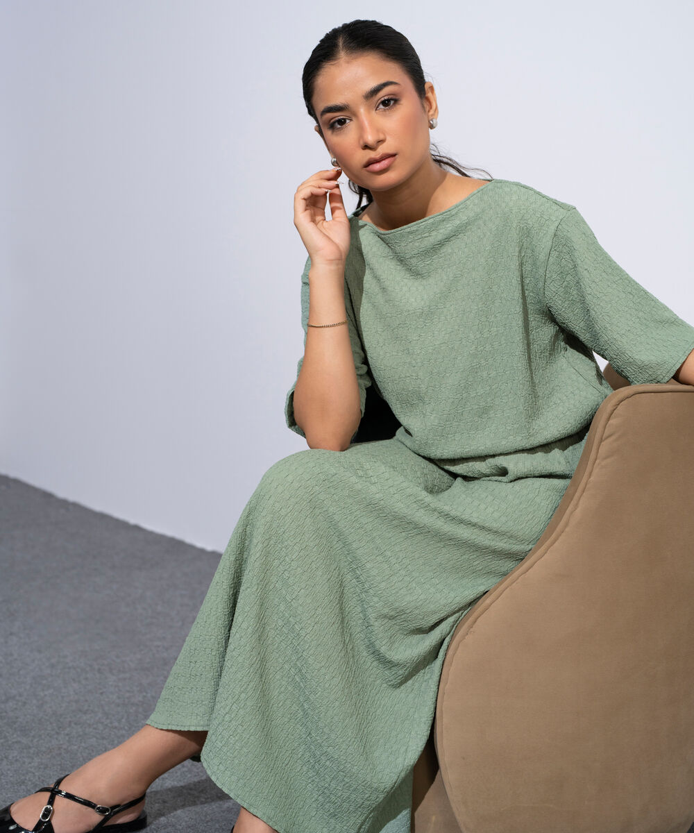 Women's Sage Green Midi Dress In Textured Fabric