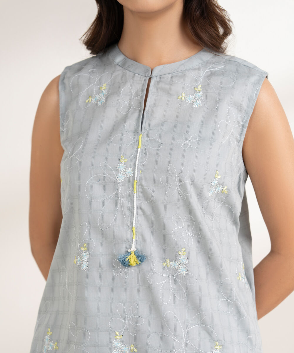 Women's RTW Textured Cotton Embroidered Straight Grey Shirt