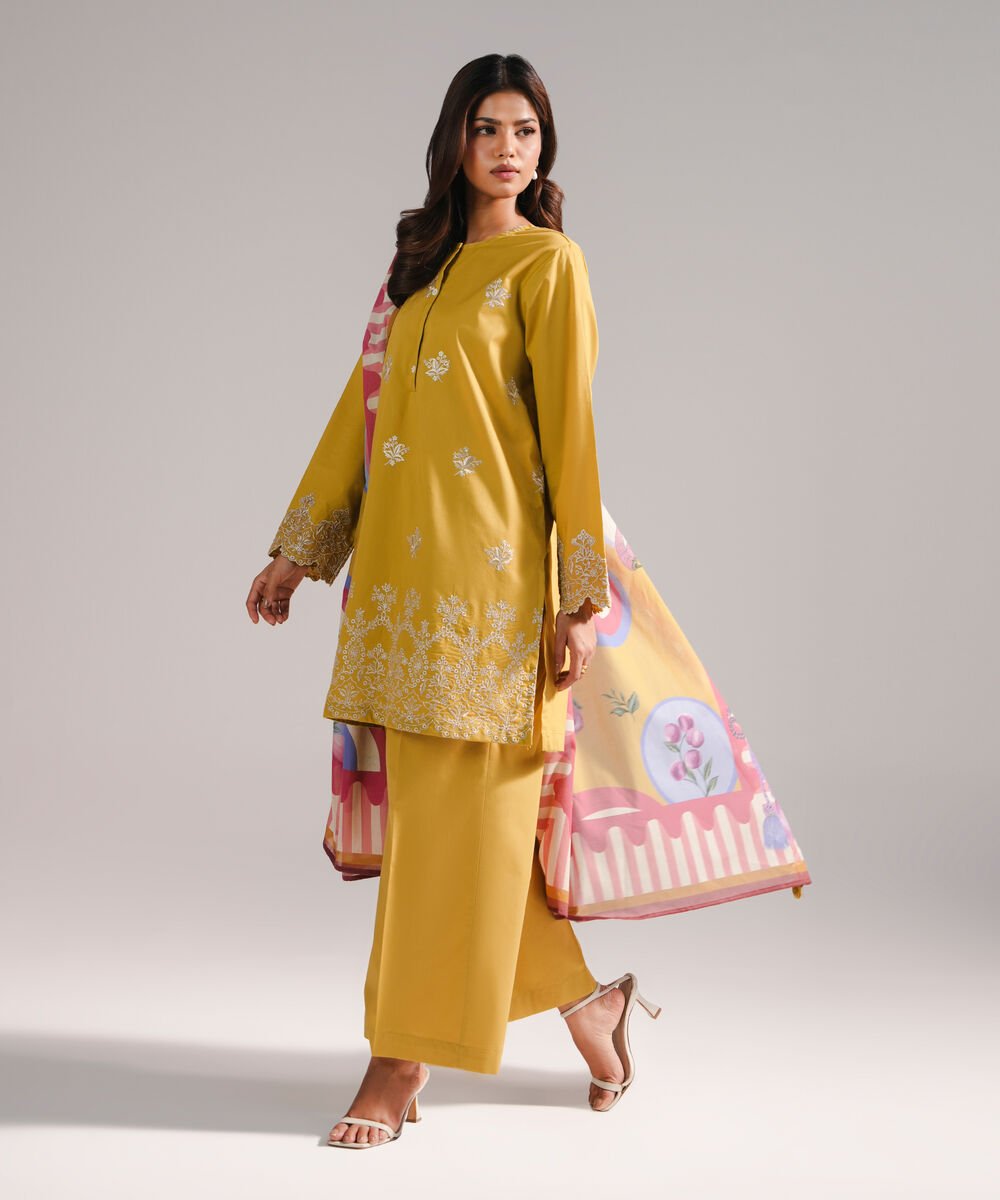 Women's RTW Lawn Embroidered Yellow 3 Piece Suit