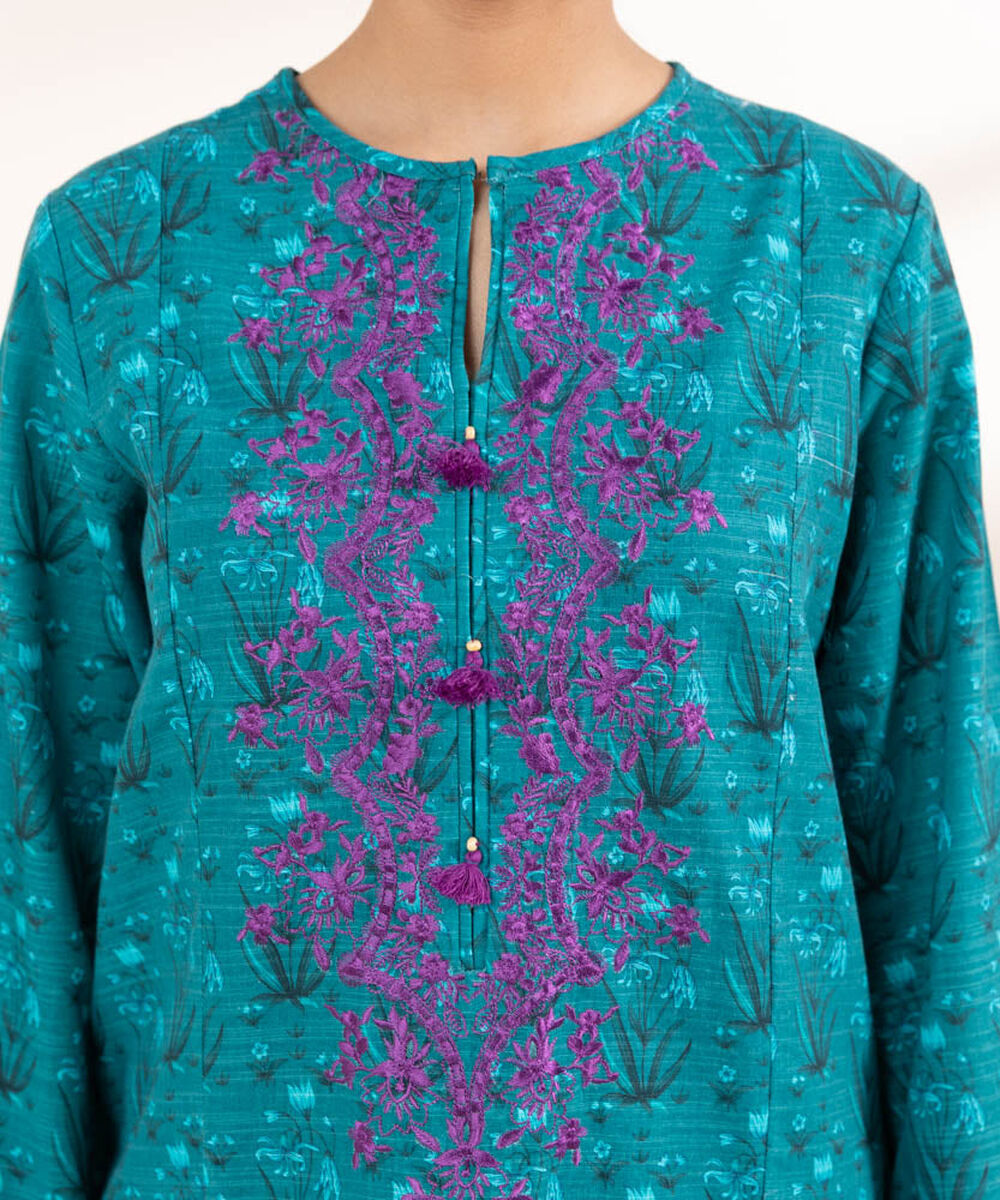 Women's Pret Printed Embroidered Teal Khaddar A Line Shirt