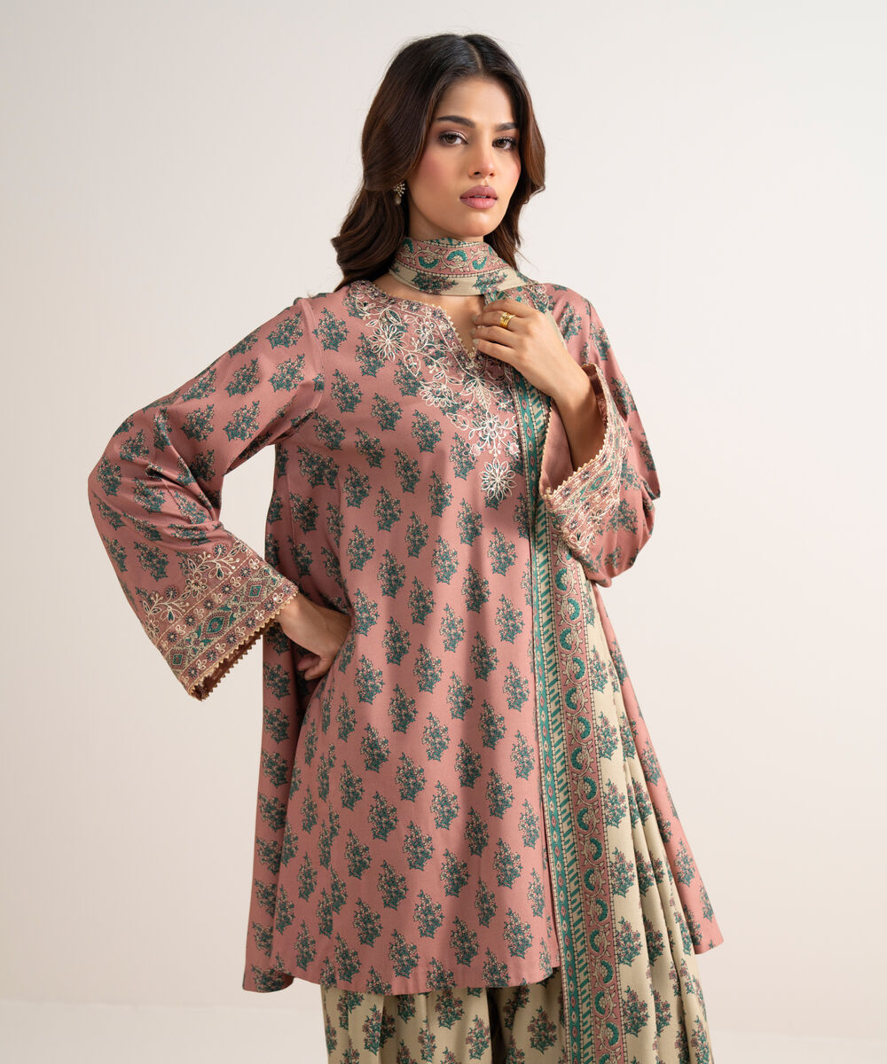 Women's Unstitched Embroidered Linen Tea Pink 3 Piece Suit