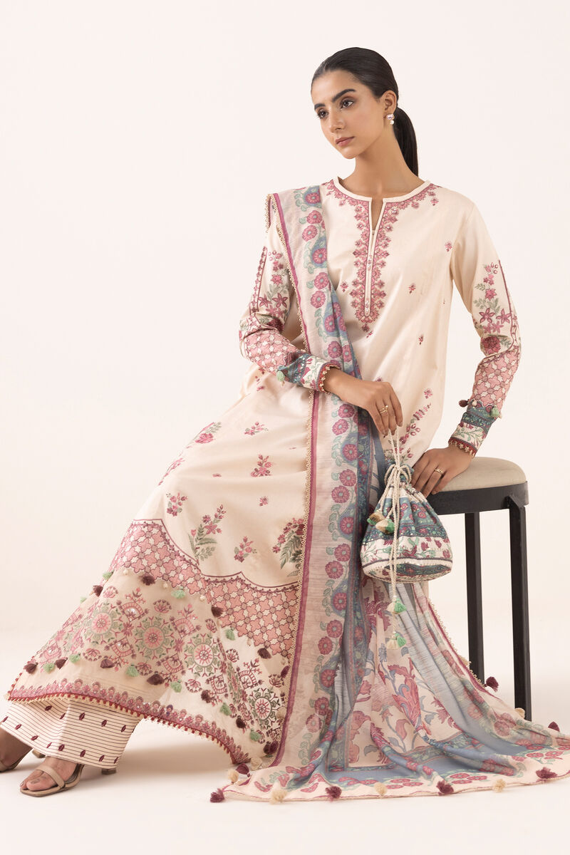 3 Piece - Embroidered Cotton Satin Suit