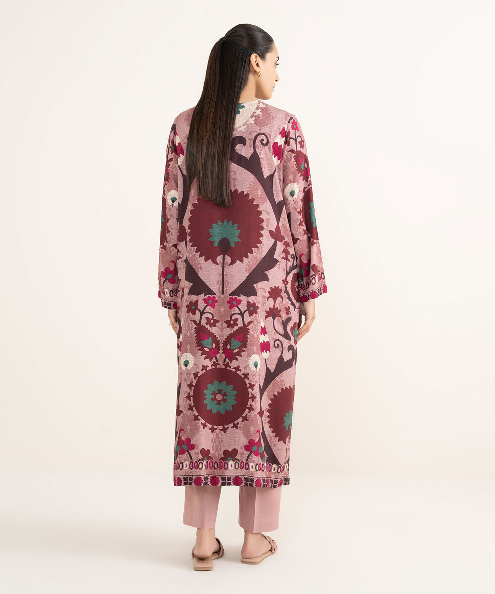 Women's RTW Arabic Lawn Coral Pink Printed Drop Shoulder Shirt