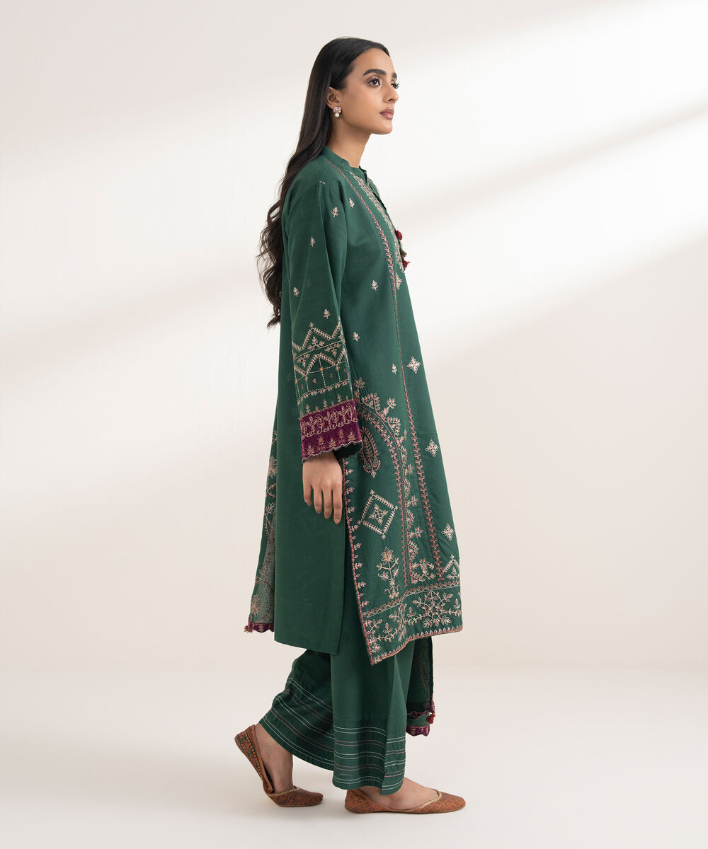 Women's RTW Cotton Karandi Embroidered Green 3 Piece Suit