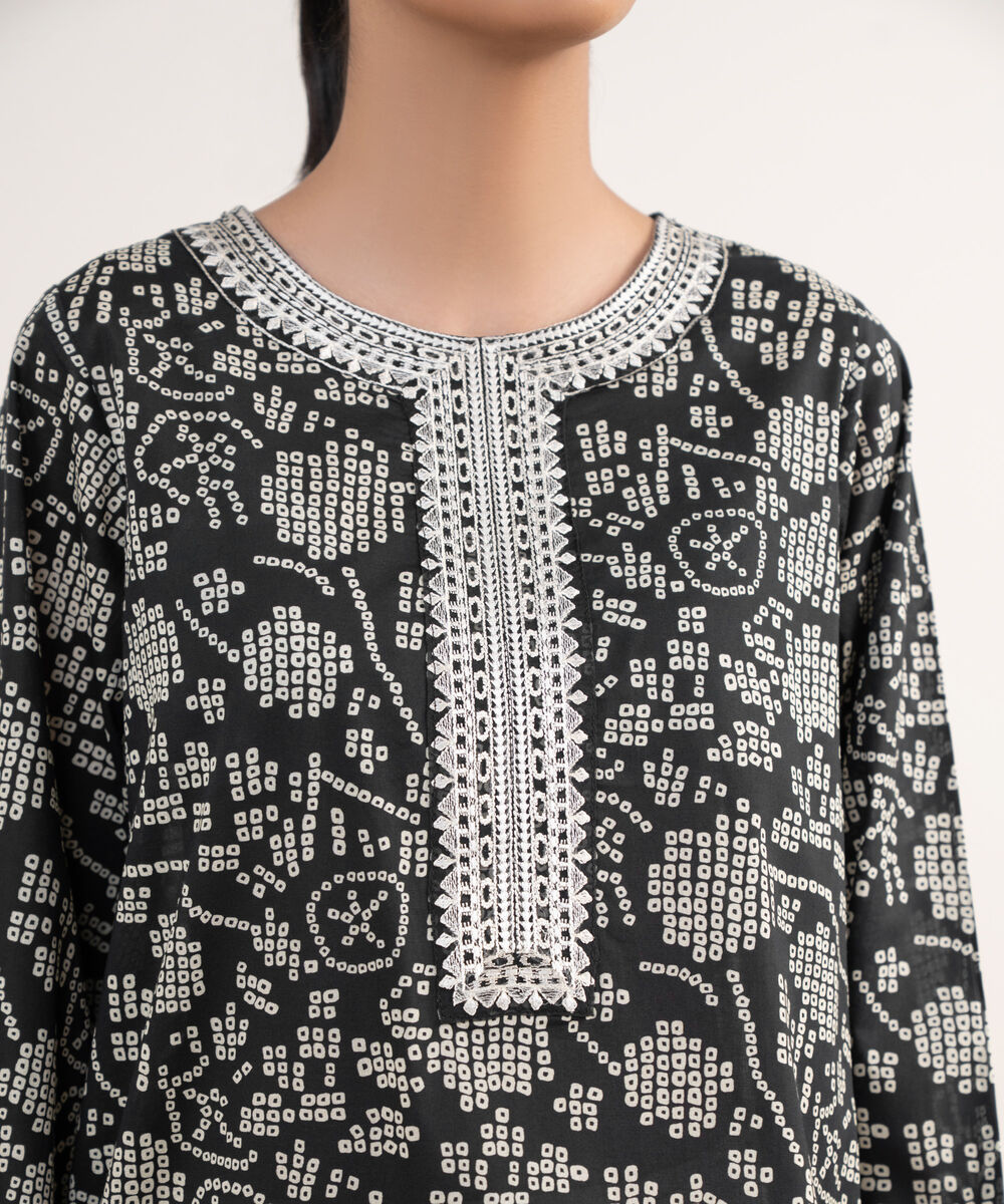 Women's RTW Lawn Black Embroidered A-Line Shirt