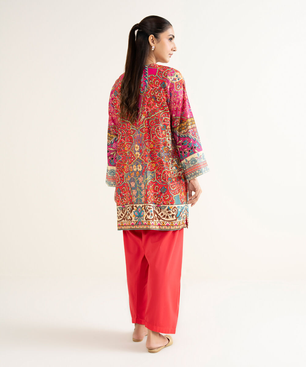 Women's RTW Linen Viscose Embroidered Red Straight Shirt
