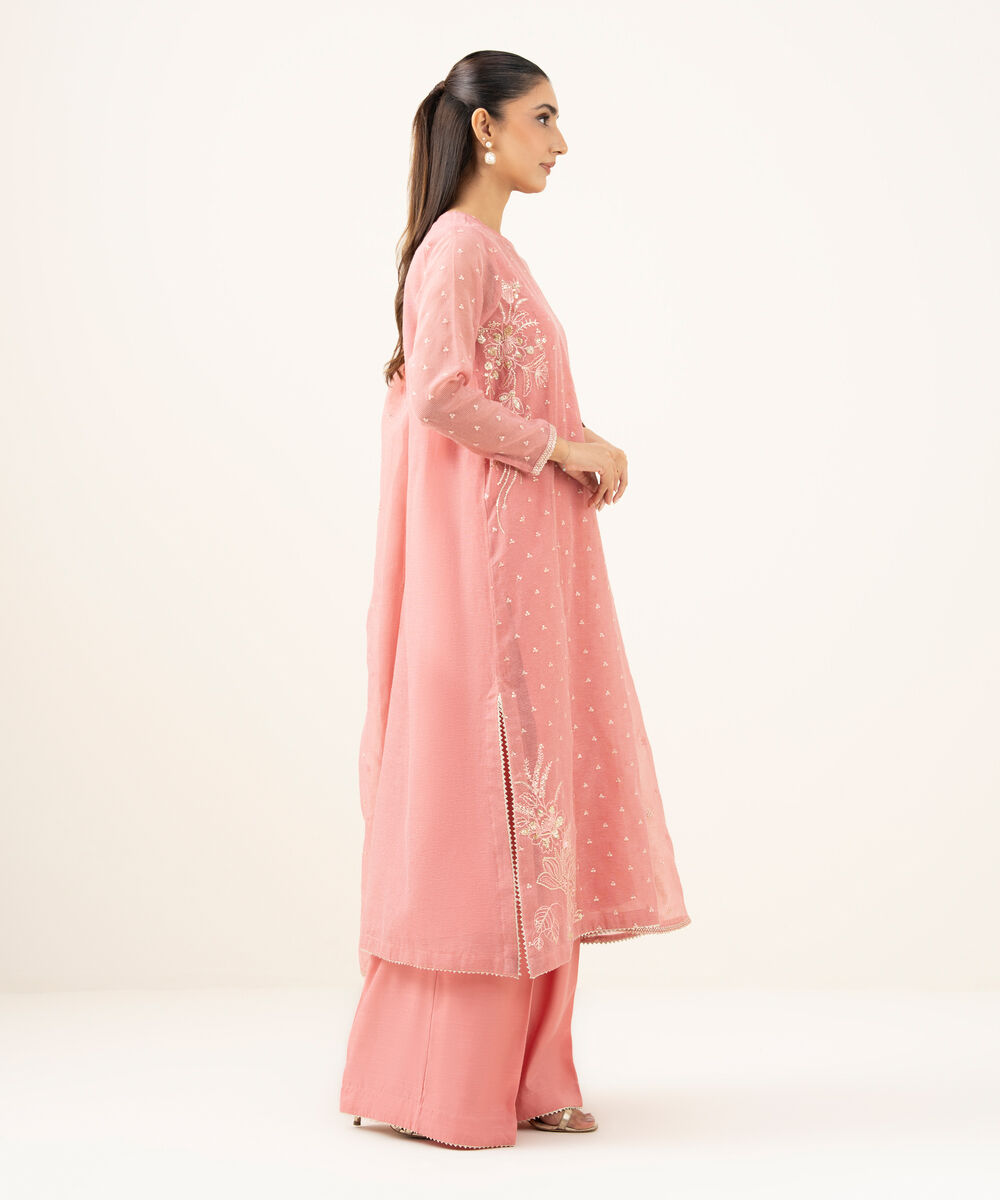 Women's RTW Blended Textured Karandi Pink Dyed Three Piece