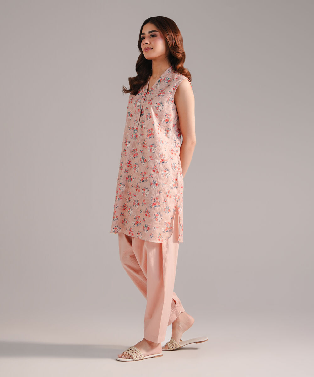 Women's RTW Seersucker Printed Peach 2 Piece Suit