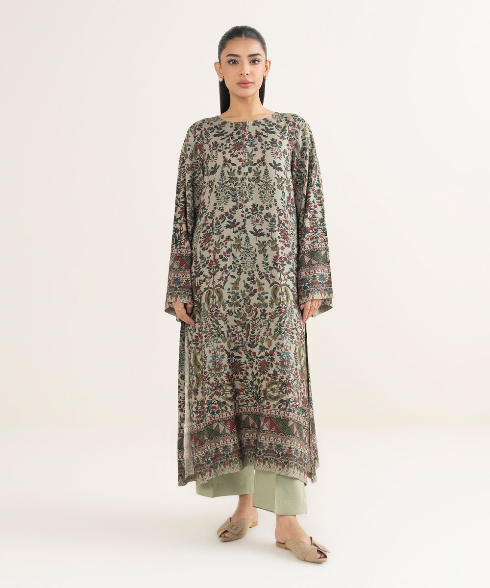 Women's RTW Linen Printed Green 2 Piece Suit