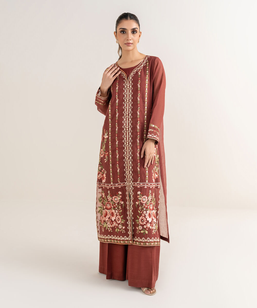 Women's RTW Blended Textured Karandi Brown Embroidered Straight Shirt