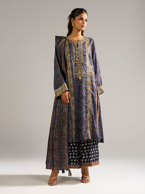 3 Piece - Embroidered Raw Silk Suit