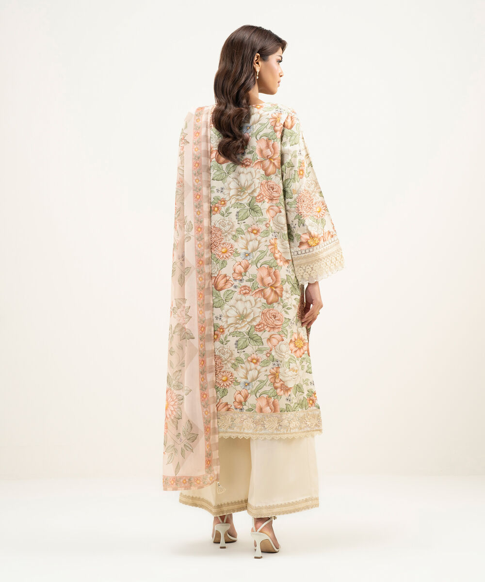 Women's RTW Lawn Embroidered Beige 3 Piece Suit