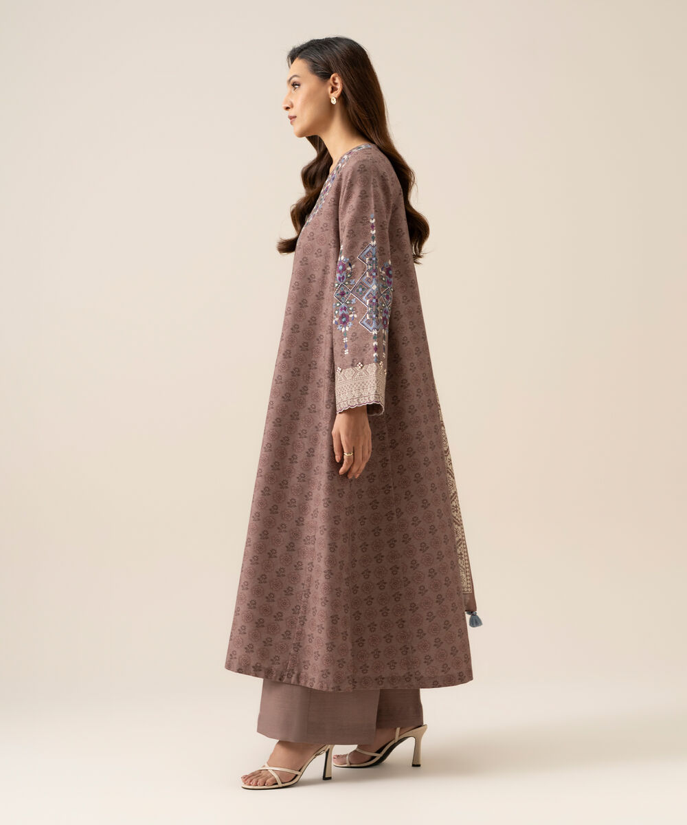 Women's Unstitched Light Khaddar Embroidered Tea Pink 3 Piece Suit