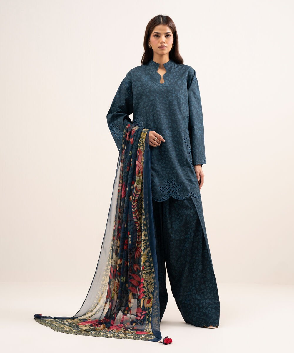 Women's Unstitched Lawn Embroidered Blue 3 Piece Suit