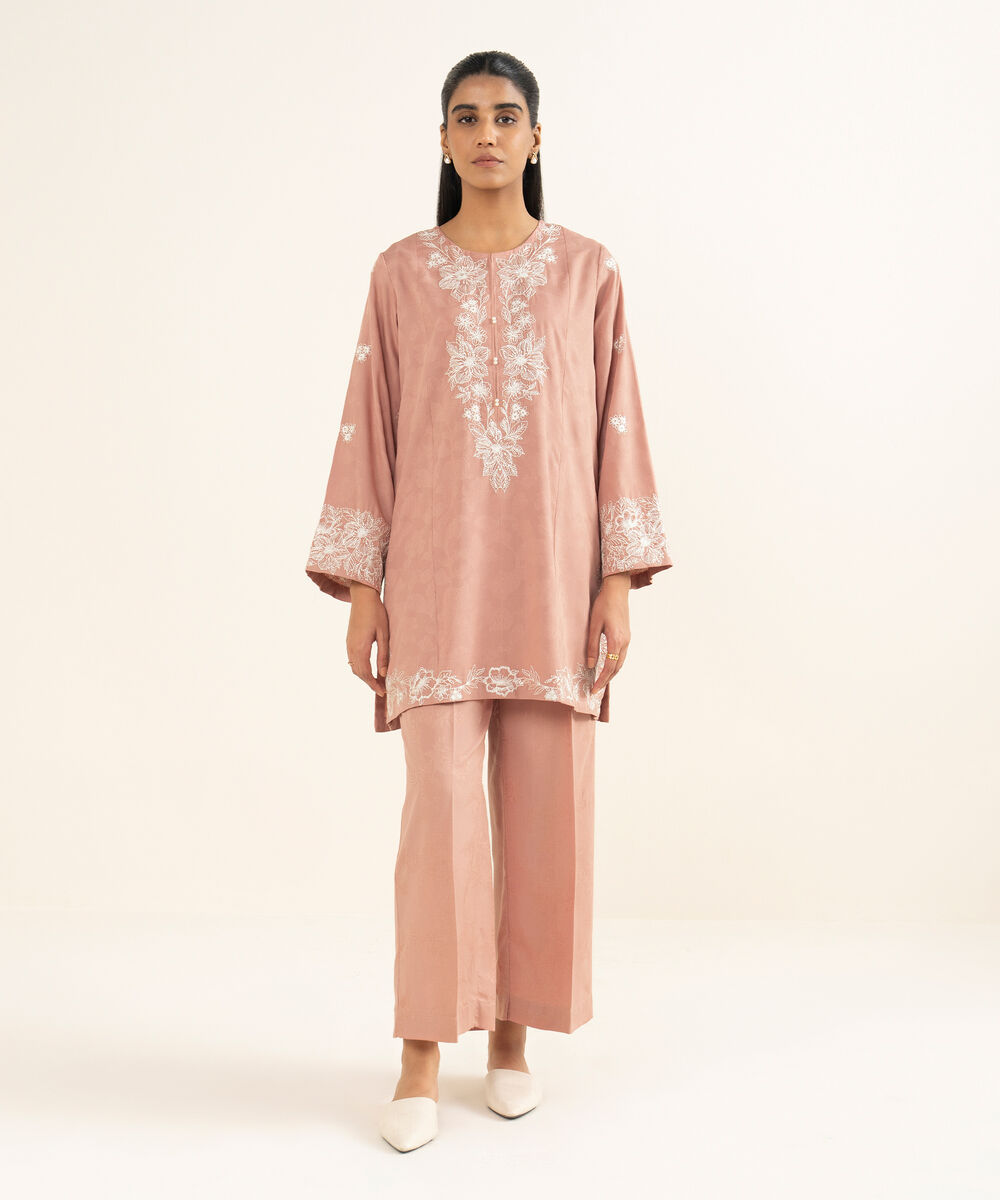 Women's RTW Self Jacquard Leno Embroidered Pink Straight Shirt