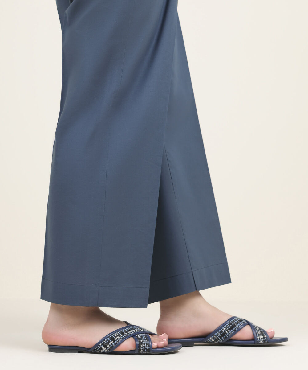 Women's RTW Cambric Blue Solid Straight Pants